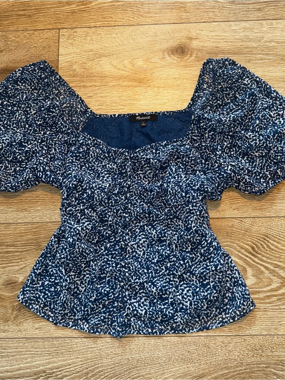 Madewell Navy & White Floral Sweetheart Puff-Sleeve Blouse